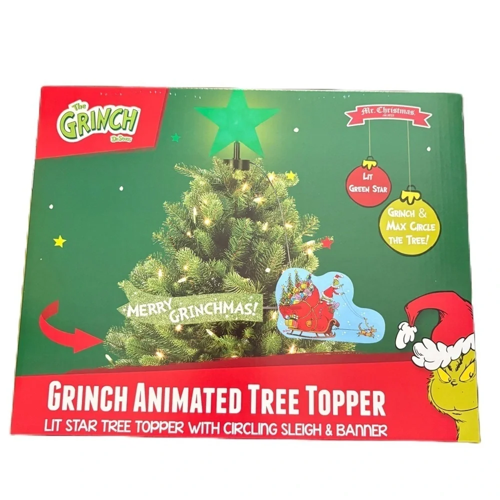 Dr. Seuss Grinch Animated Christmas Tree Topper NEW Holiday Decor Green Blue